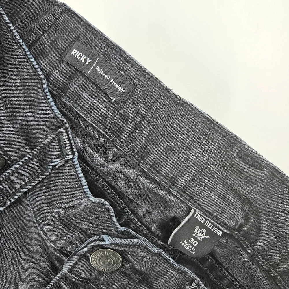 True Religion Jeans Mens 30 Ricky‎ Black Denim Flap Pockets Relaxed Straight